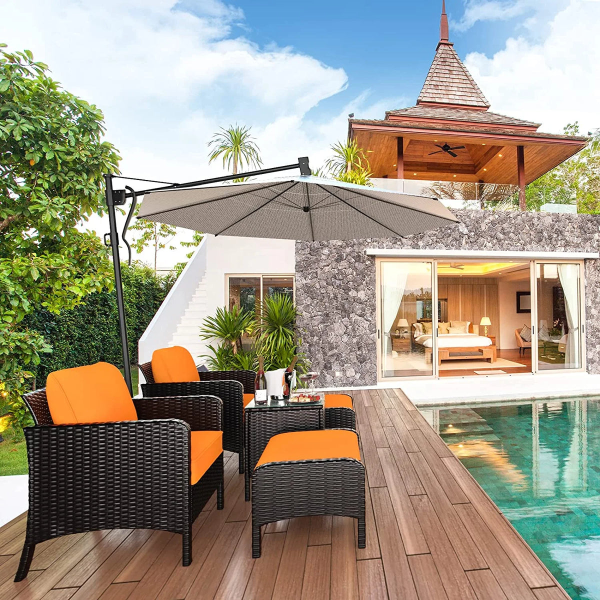 5 Pieces PE Rattan Wicker Outdoor Cushioned Lounge Chairs Set with Ottomans and Glass Table J831