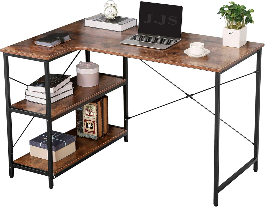 Rustic Brown L-Shaped Corner Computer Desk with Bookcase I487