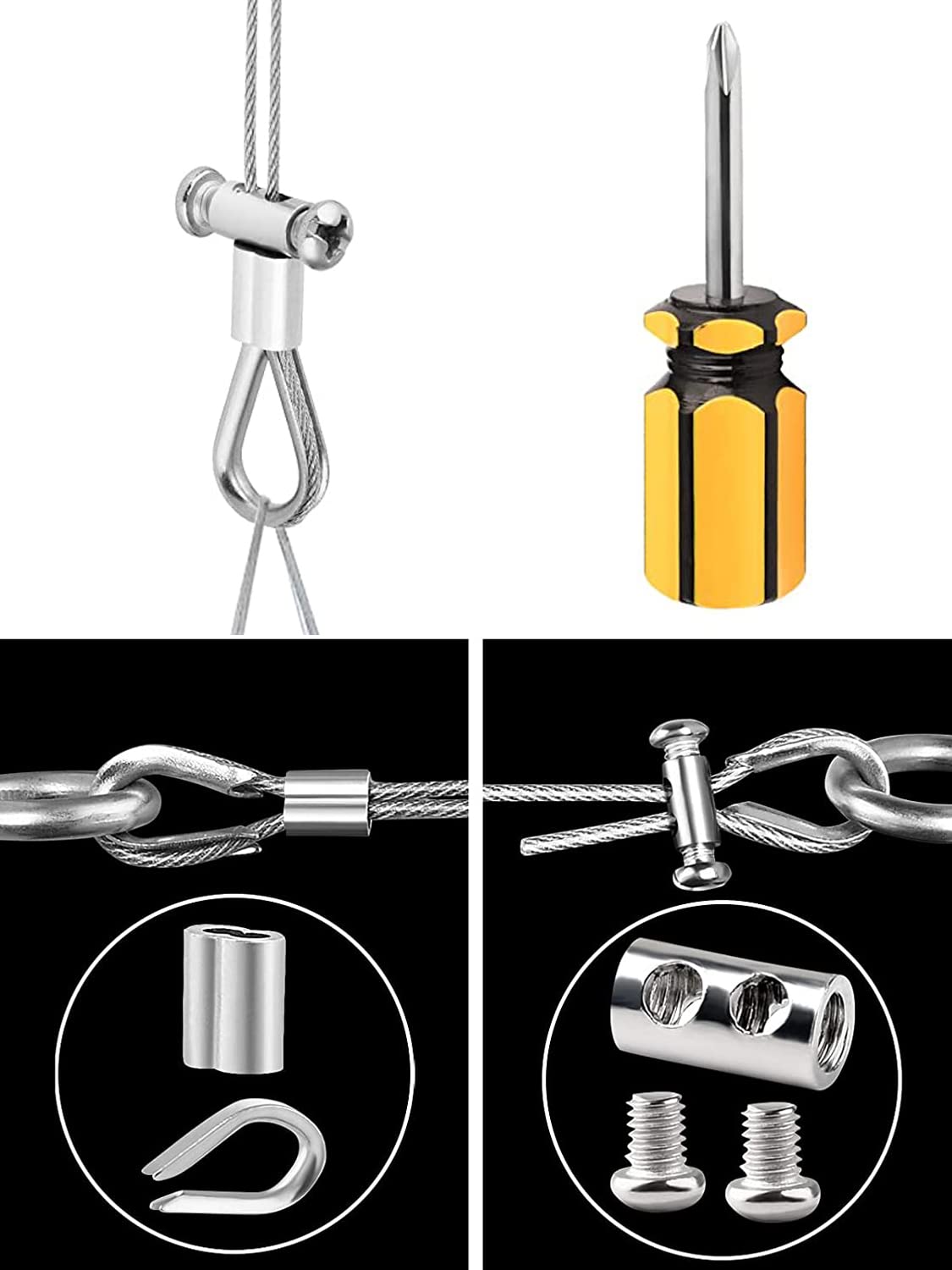 5/64 Coated Stainless Steel Wire Rope 328ft with Thimbles, Crimping Sleeves, Wire Rope Clips S97274