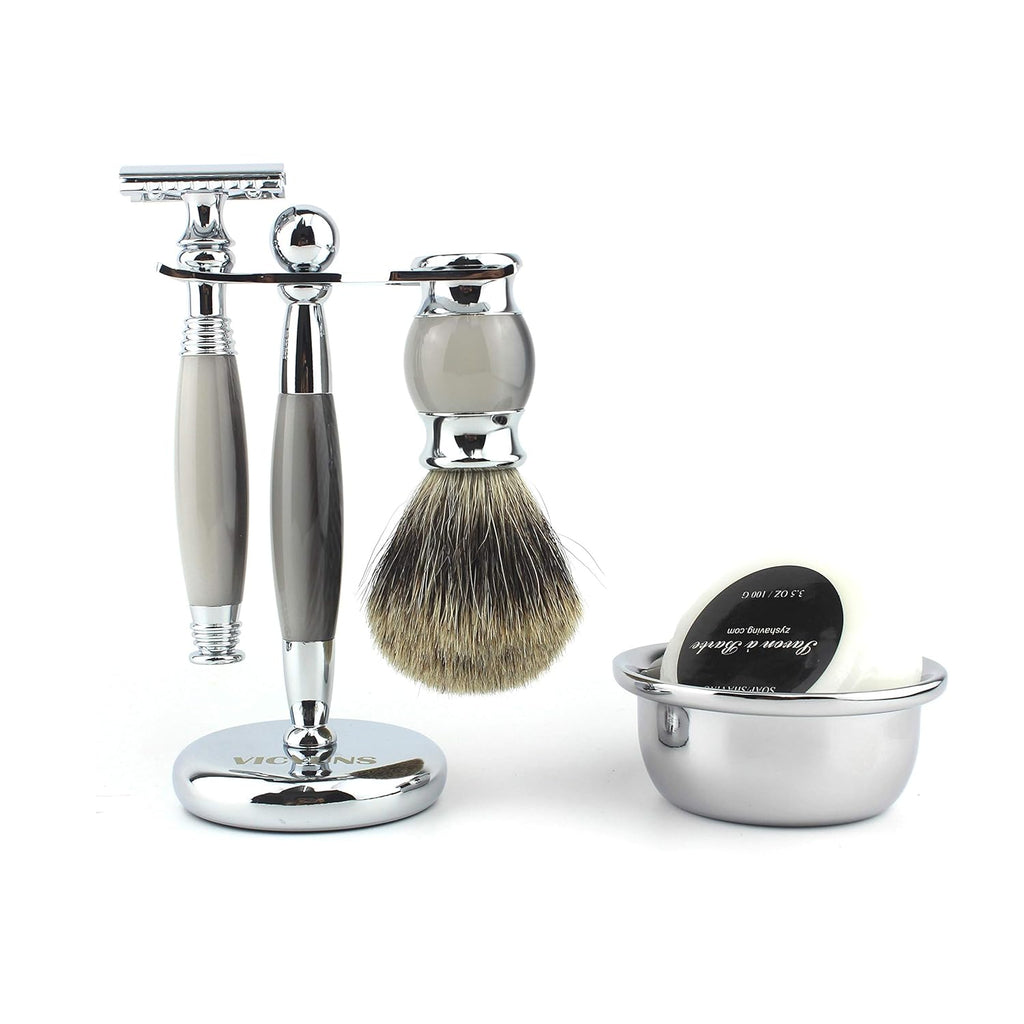 Luxury Grooming Shaving Set, Double-sided Razor, Stainless Steel, Hair Shaving Brush, 10 Replacement Blades, Agate Color, Pack of 2 K241