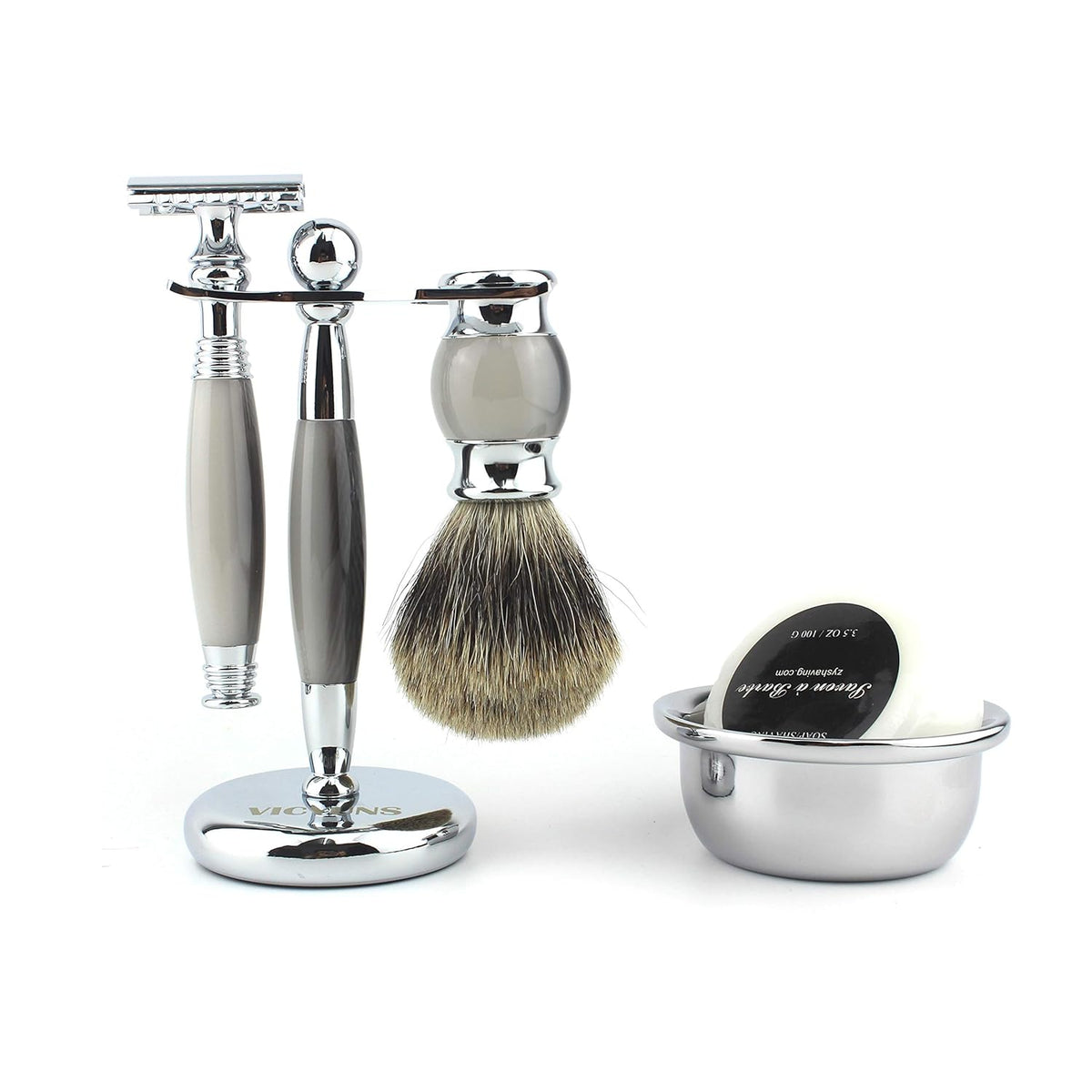 Luxury Grooming Shaving Set, Double-sided Razor, Stainless Steel, Hair Shaving Brush, 10 Replacement Blades, Agate Color, Pack of 2 K241