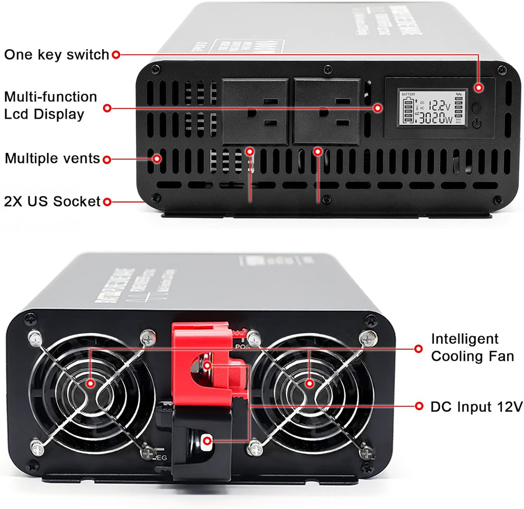 3000W Peak 6000W Pure Sine Wave Power Inverter DC 12V to AC 120V with 2 AC Outlets LCD Display O2096