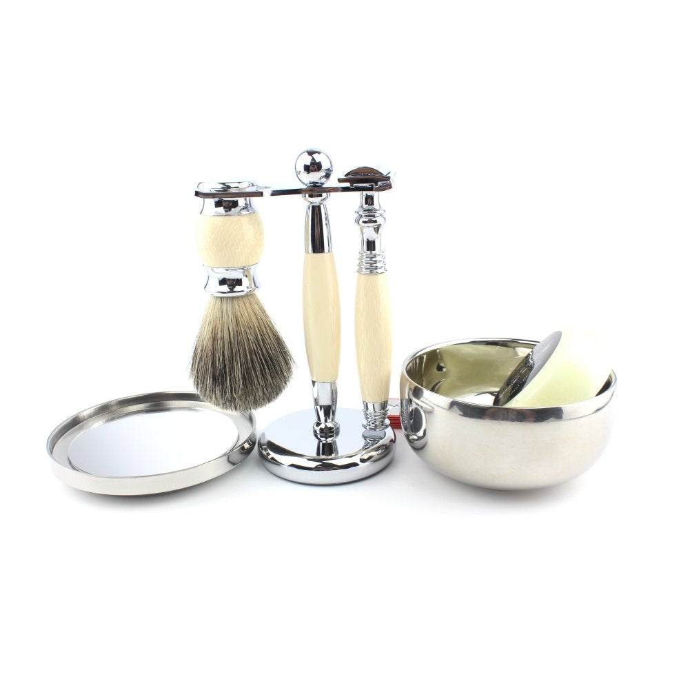 Luxury Grooming Shaving Set, Double-sided Razor, Stainless Steel, Hair Shaving Brush, 10 Replacement Blades, Agate Color, Pack of 2 K241