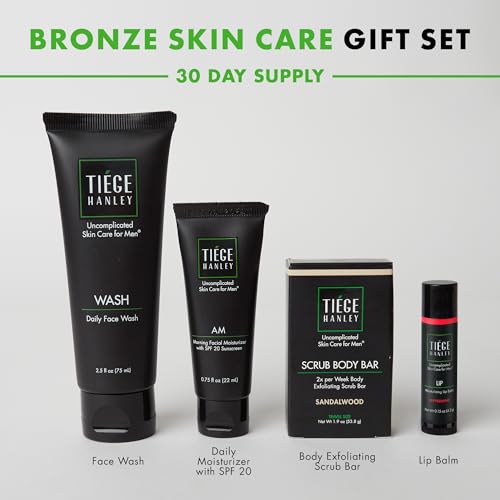 Bronze Men's Skincare Set Includes Face Wash, Facial Moisturizer with SPF 20 Sunscreen, Body Exfoliating Scrub Bar, & Moisturizing Lip Balm J675
