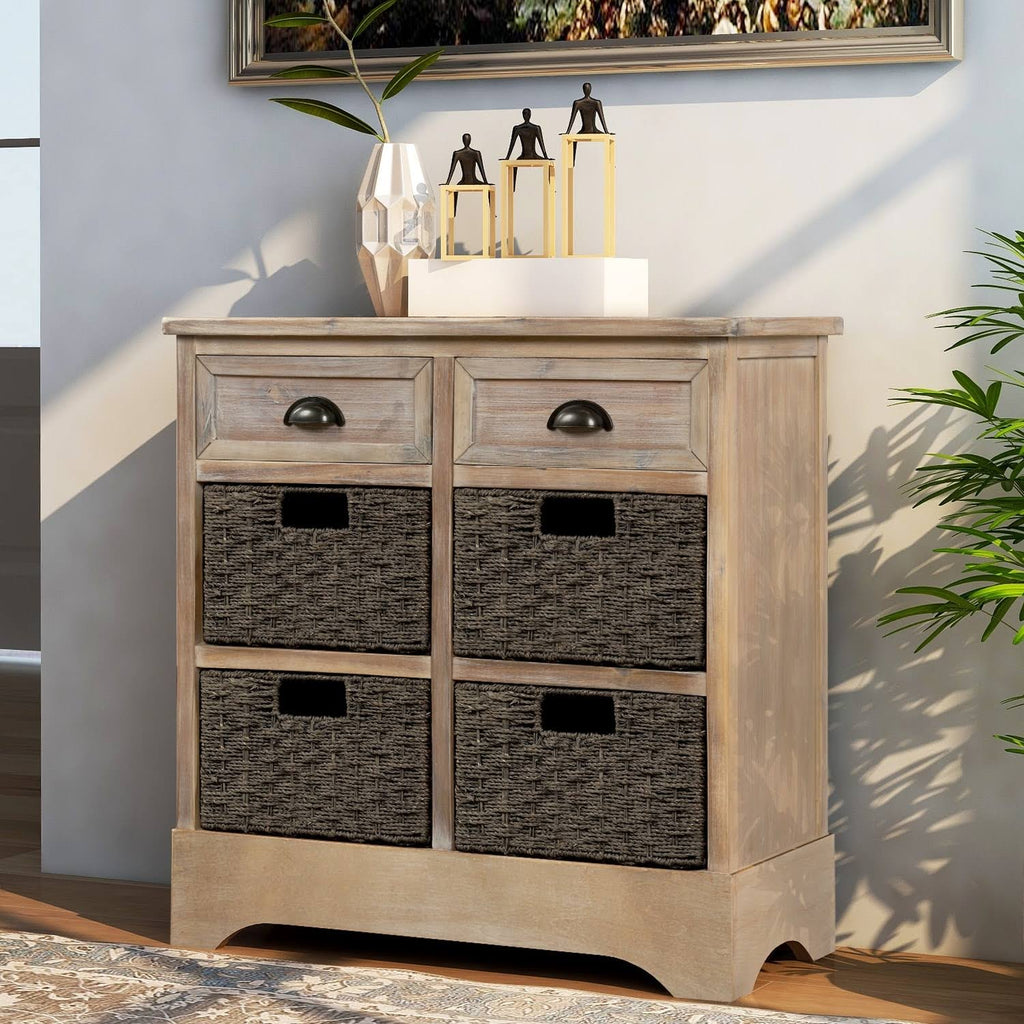 Rustic Storage Cabinet with 2 Drawers and 4 Fabric Basket Espresso P811