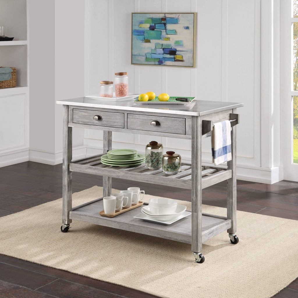 Storm Gray Wire-Brush Kitchen Cart with Stainless Steel Top A648343