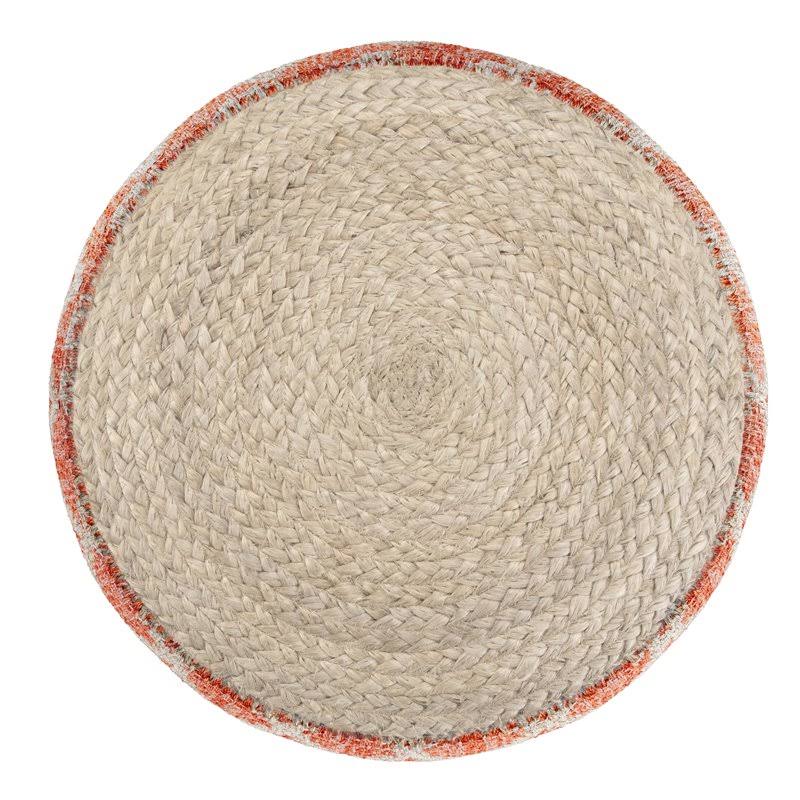 Coral and Natural Woven Braided Jute Round Pouf U584
