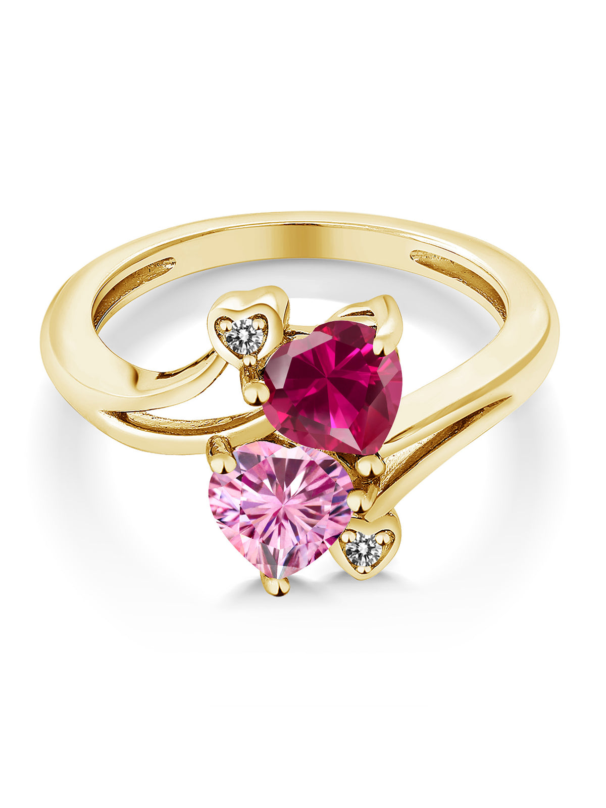 18K Yellow Gold Plated Silver Red Created Ruby Pink Moissanite White Diamond Ring V690867
