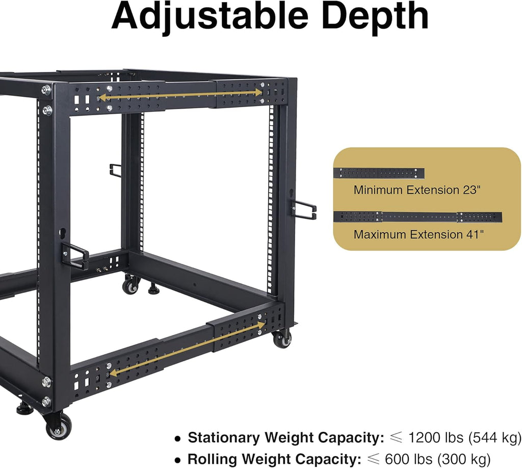 15U Open Frame Server and Network Equipment Rack with Adjustable Depth, Casters, Levelers, Cable Management D554