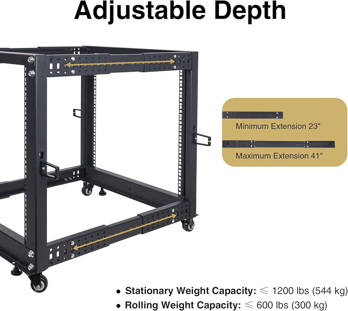 15U Open Frame Server and Network Equipment Rack with Adjustable Depth, Casters, Levelers, Cable Management D554