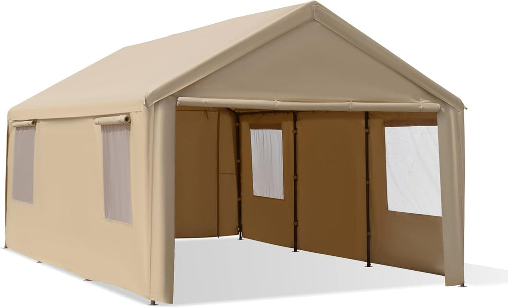 12'x20' Heavy Duty Carport with Roll-up Ventilated Windows, Removable Sidewalls & Doors, Gray P214806