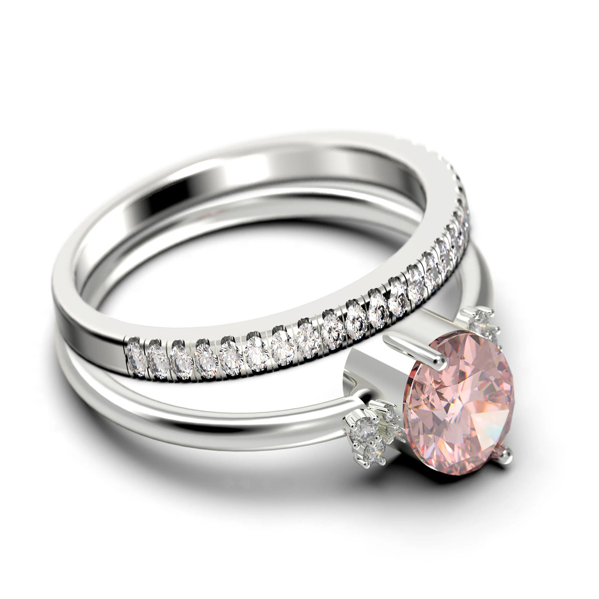 2.00 Carat Oval Morganite And Diamond Moissanite Engagement Ring in 925 Sterling Silver With 18k White Gold Plating P4489