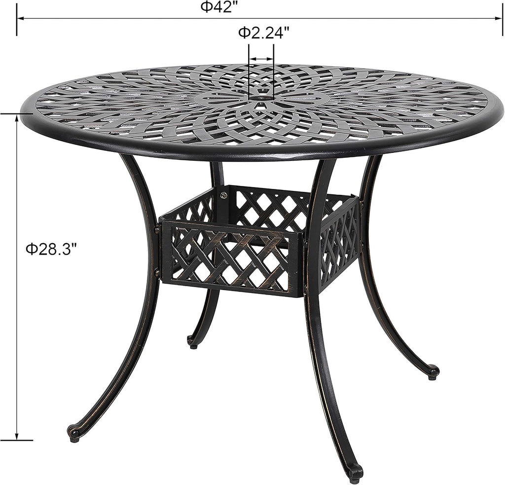 Black 42 Inch Round Cast Aluminum Patio Dining Table with Umbrella Hole L857