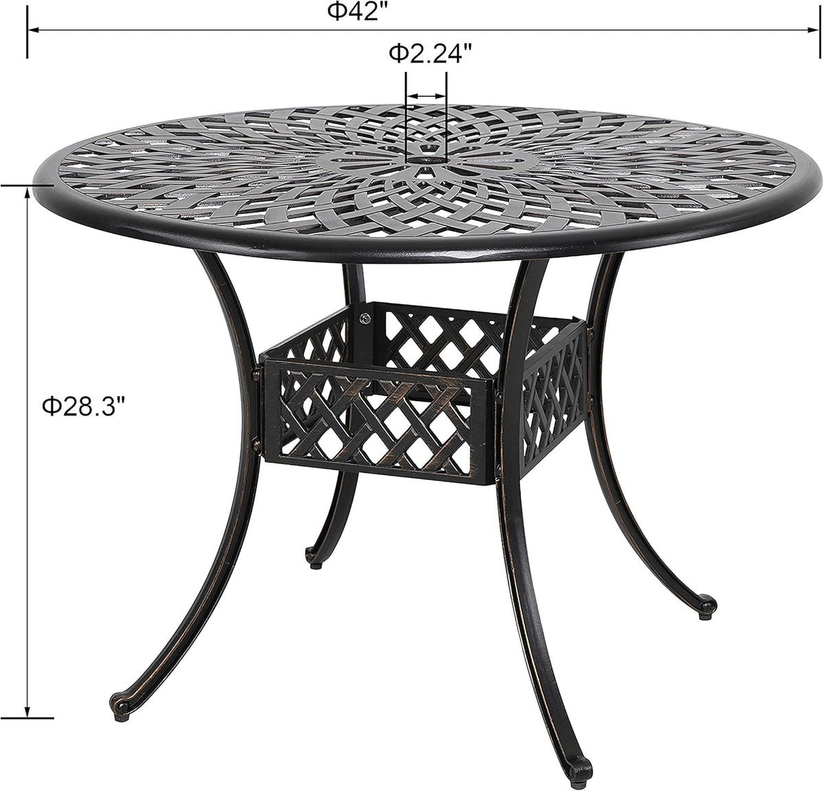 Black 42 Inch Round Cast Aluminum Patio Dining Table with Umbrella Hole L857
