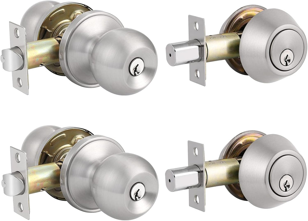 2 Pack Entry Door Knobs with Double Cylinder Deadbolt, Satin Nickel Finish Q258
