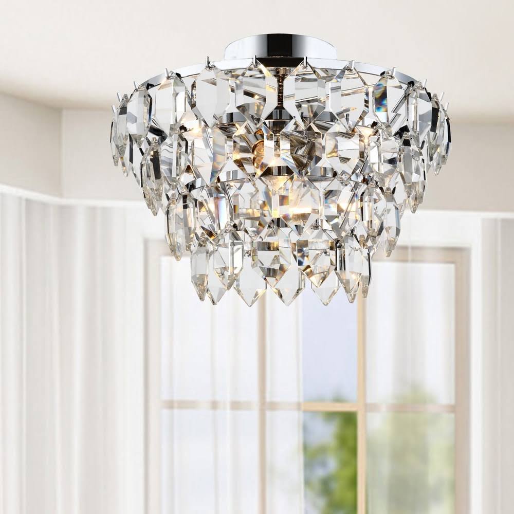 4-Light Chrome Flush Mount with Clear Crystal Drops V352