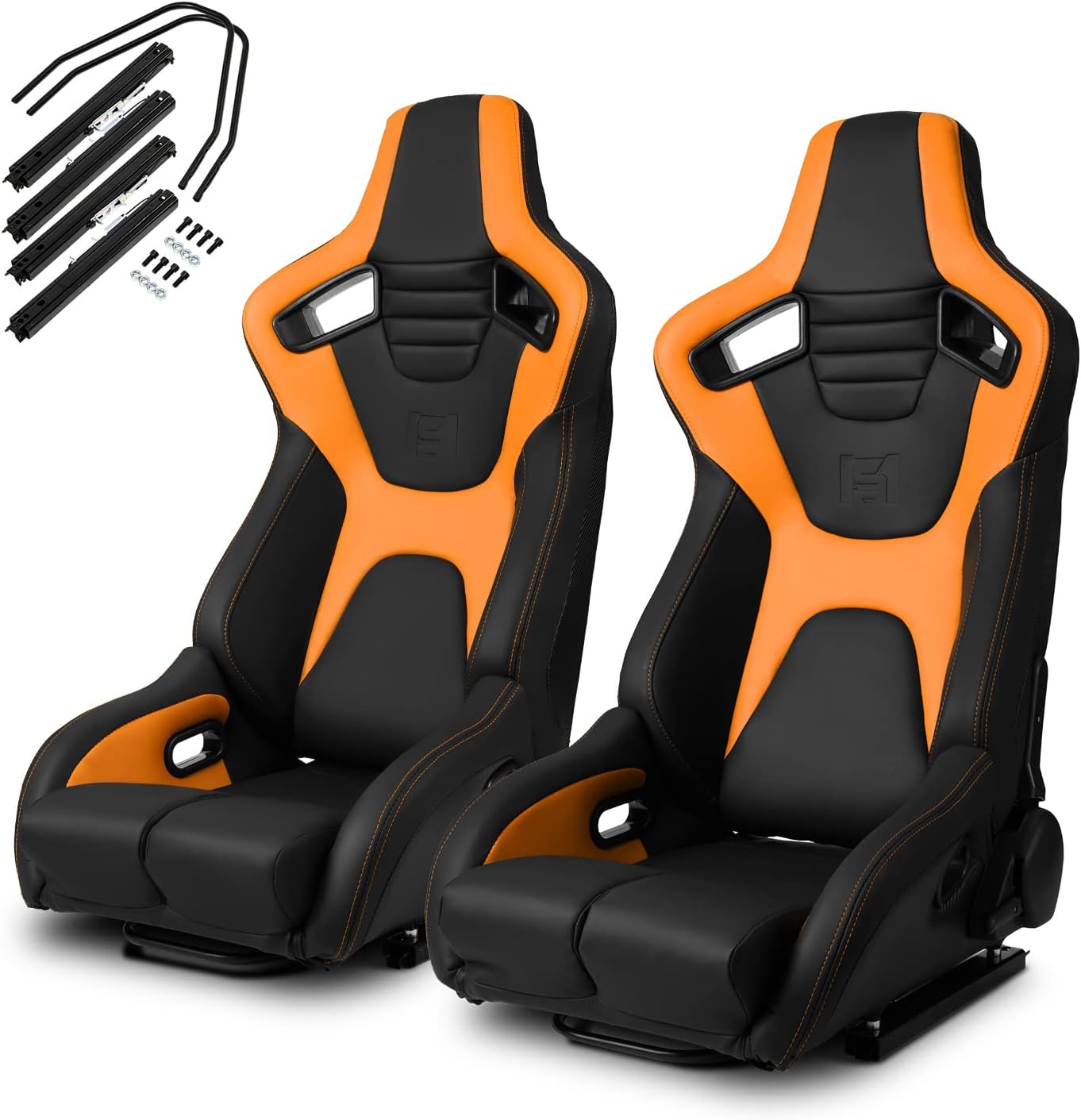 Black Brown PVC Carbon Fiber Leather Reclinable Racing Seats Pair N8340