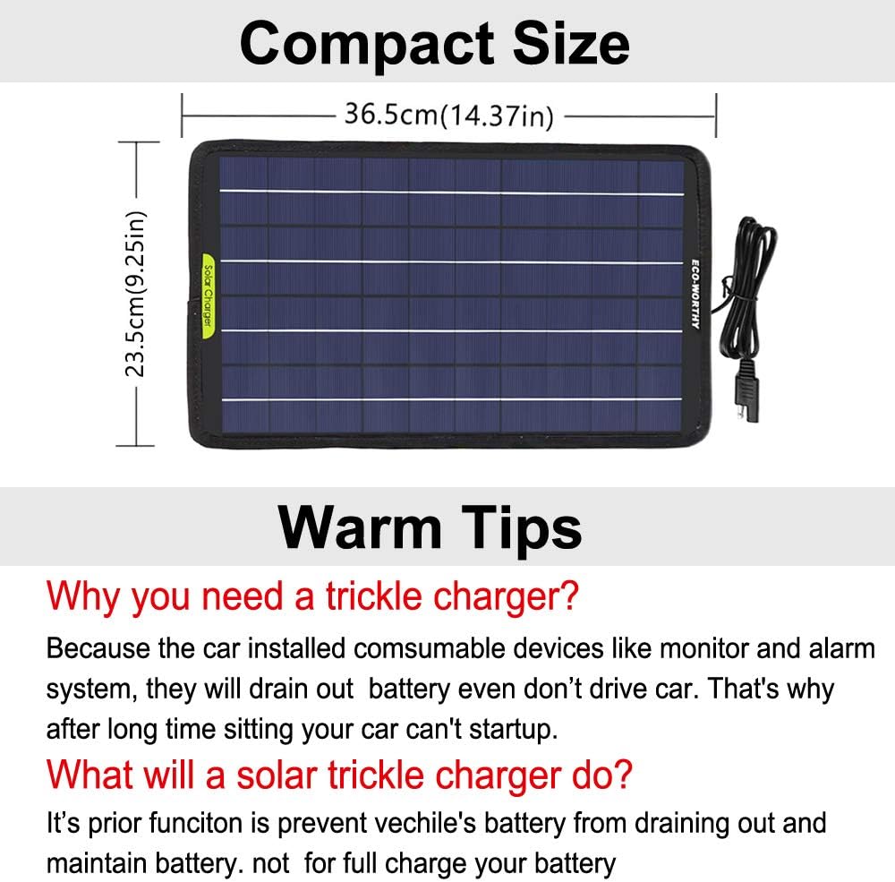 12 Volt 10 Watt Solar Car Battery Charger & Maintainer with Alligator Clip Adapter U263441