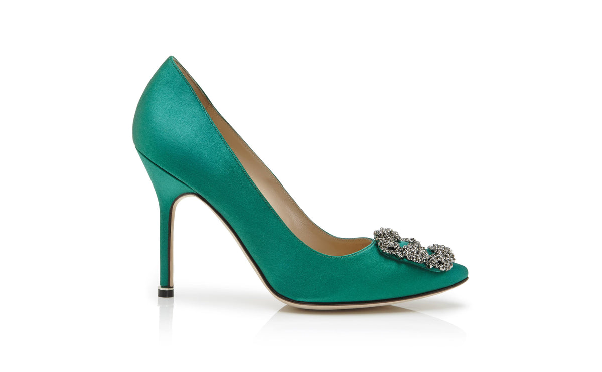 Green Satin Jewel Buckle Pumps N8370