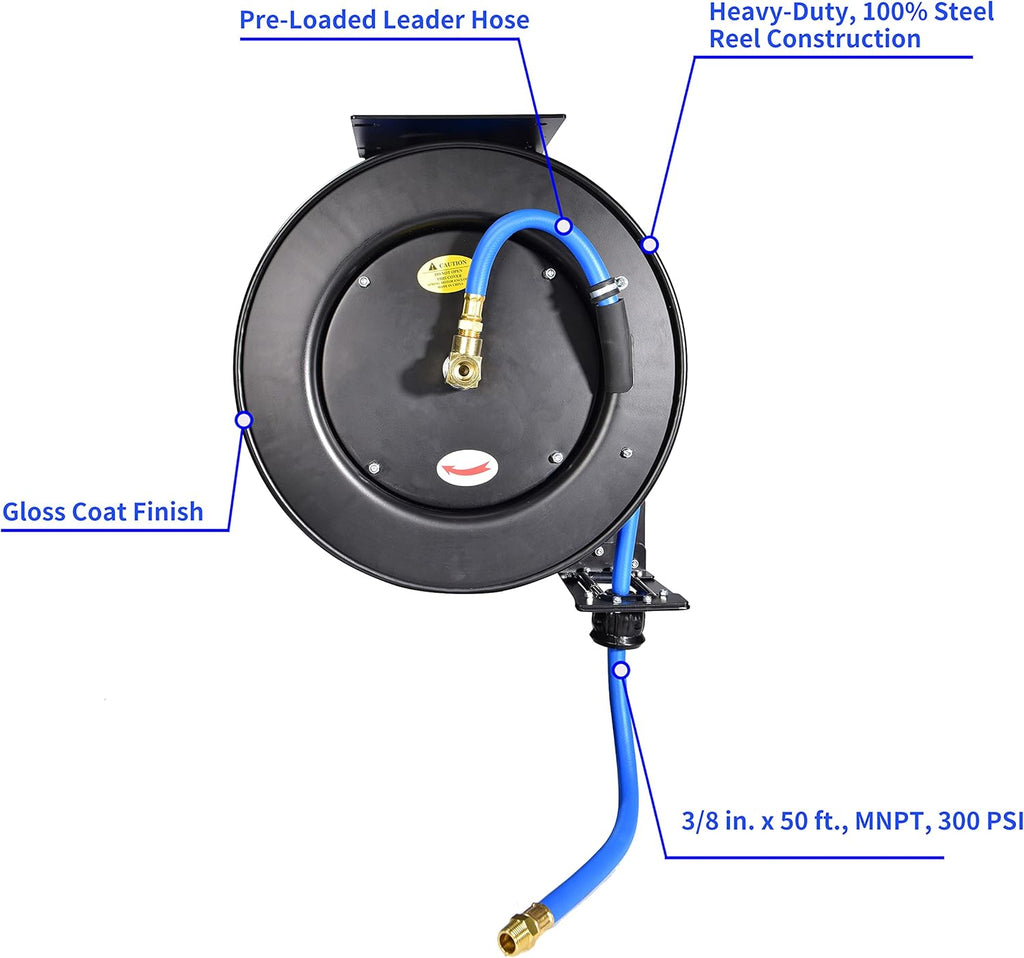 Heavy Duty Retractable Air Hose Reel Wall Mount 3/8" Hybrid Hose R647835