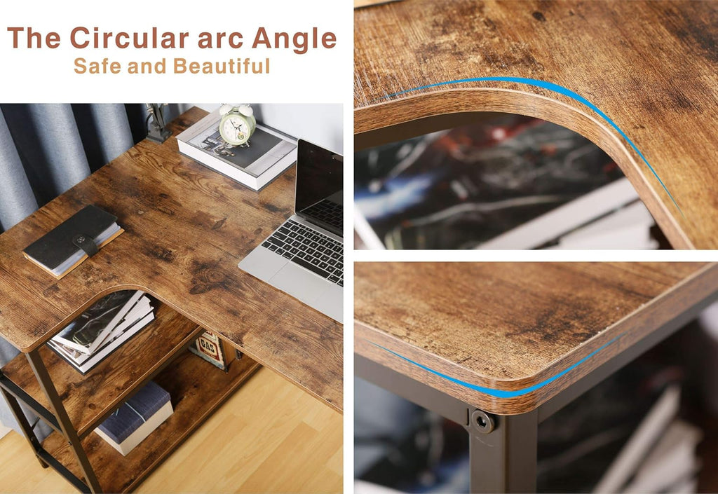 Rustic Brown L-Shaped Corner Computer Desk with Bookcase I487