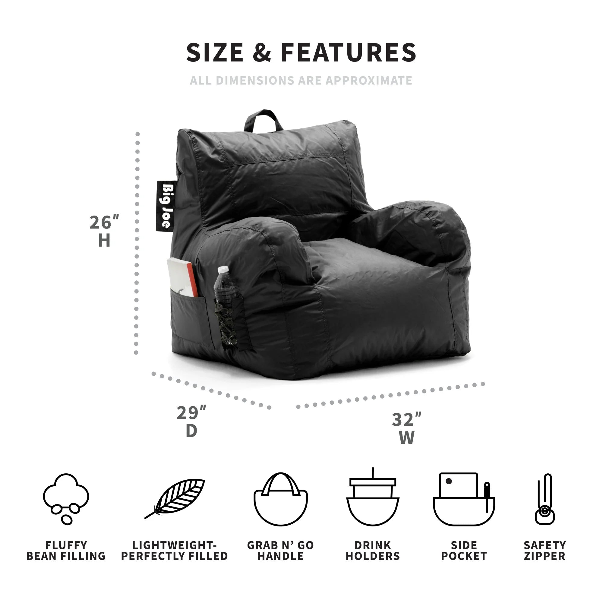 Black Durable Polyester Nylon Blend Bean Bag Chair with Drink Holder and Pocket, 3 feet J86191