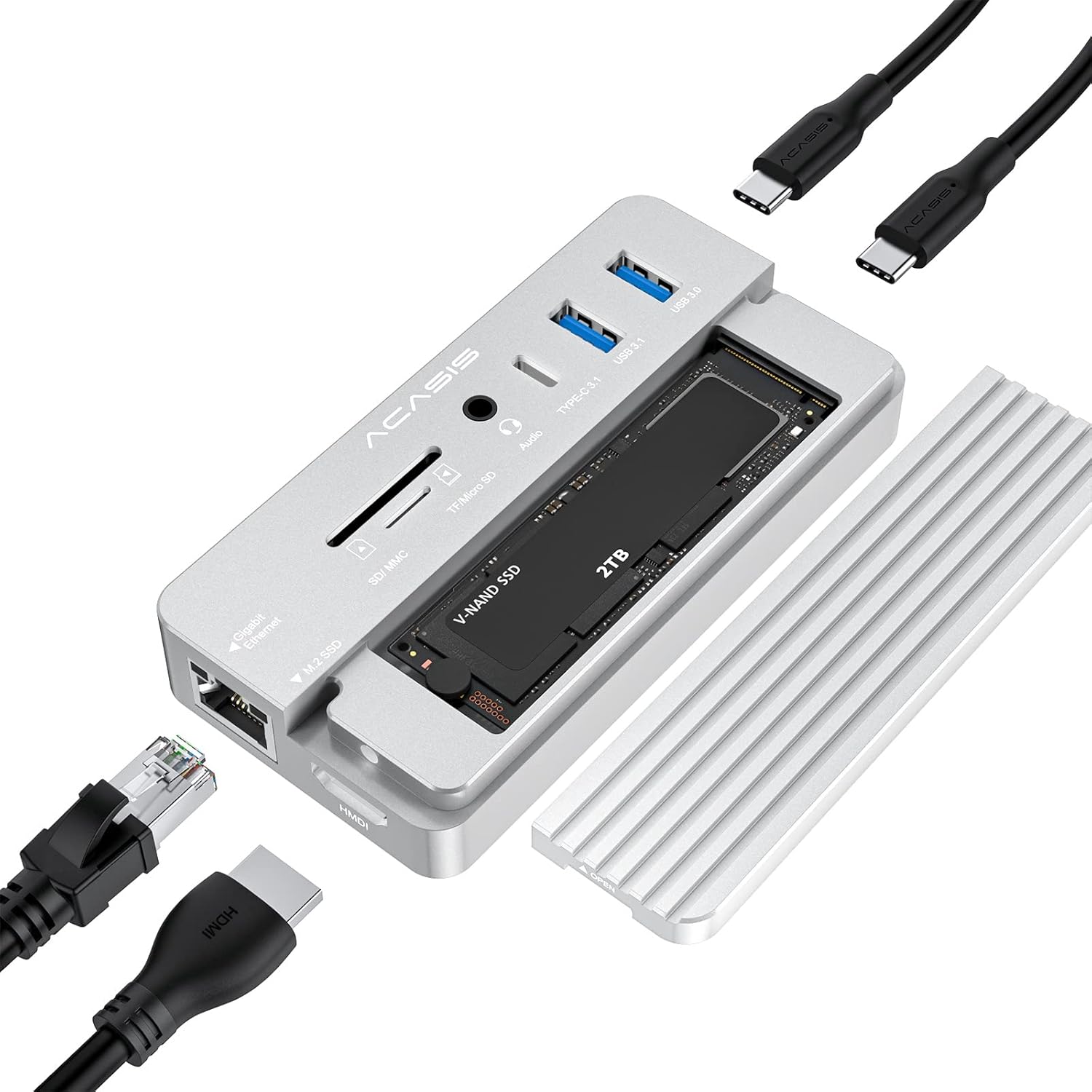 10-in-1 USB-C Docking Station with M.2 NVME and SATA SSD Enclosure HDMI Grey B3000