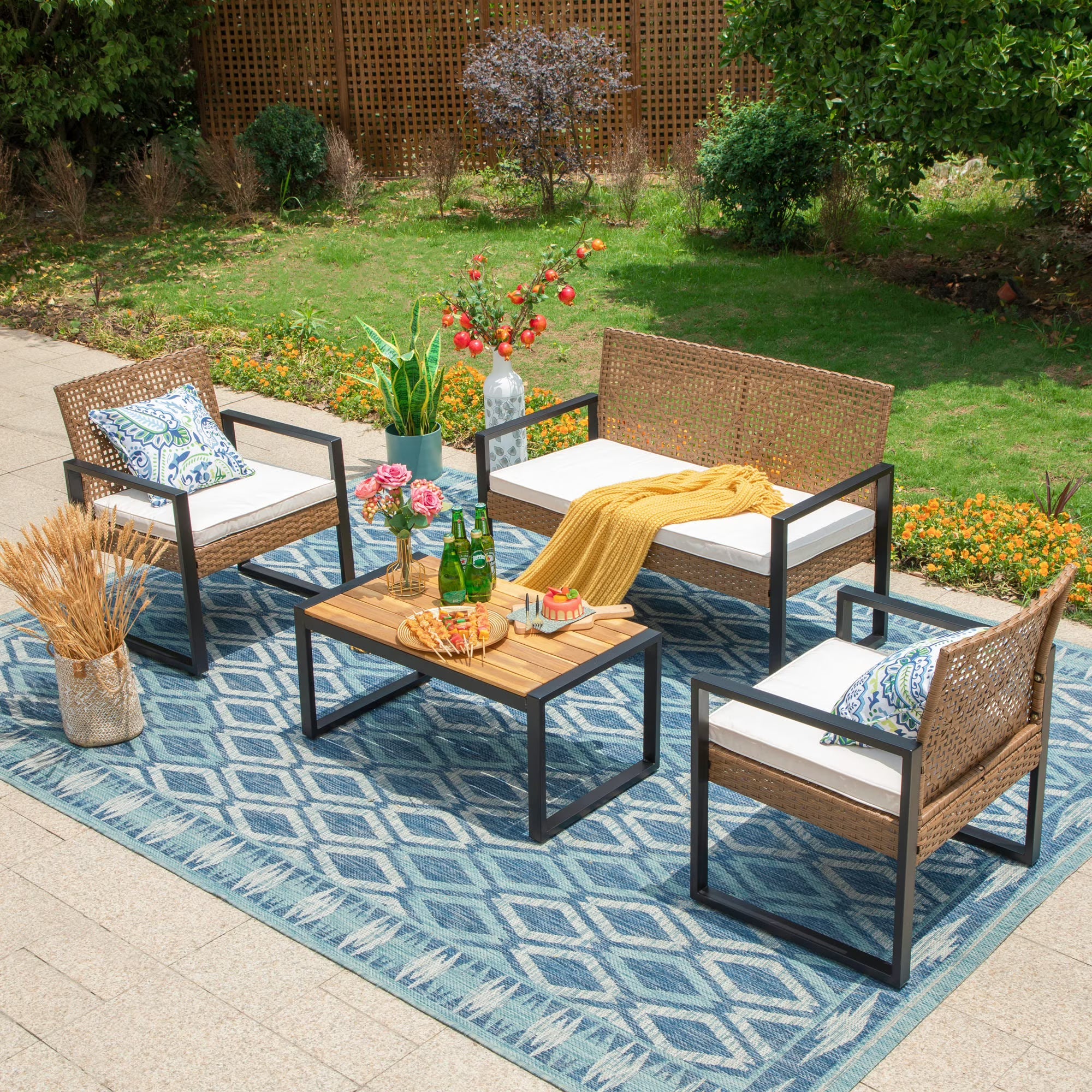 4-Piece Outdoor Conversation Set, All Weather Wicker & Steel Frame, Yellow & Black R355687