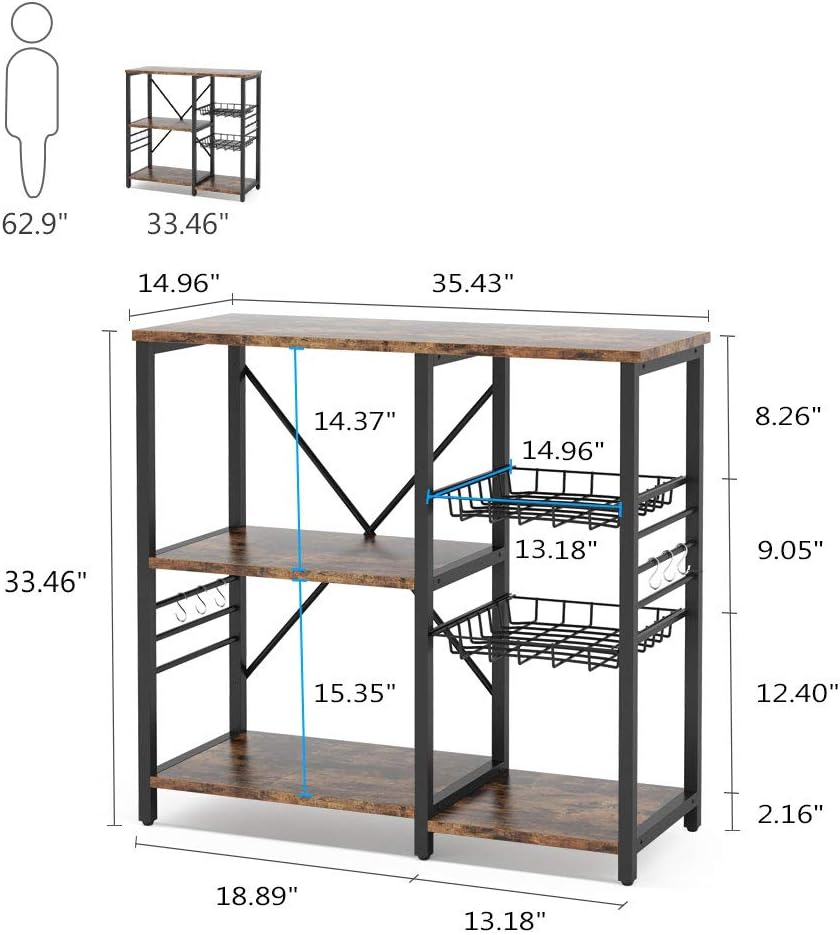 Kitchen Cart Microwave Oven Stand Utility Storage Shelf with Wire Basket and 6 Hooks Q681076