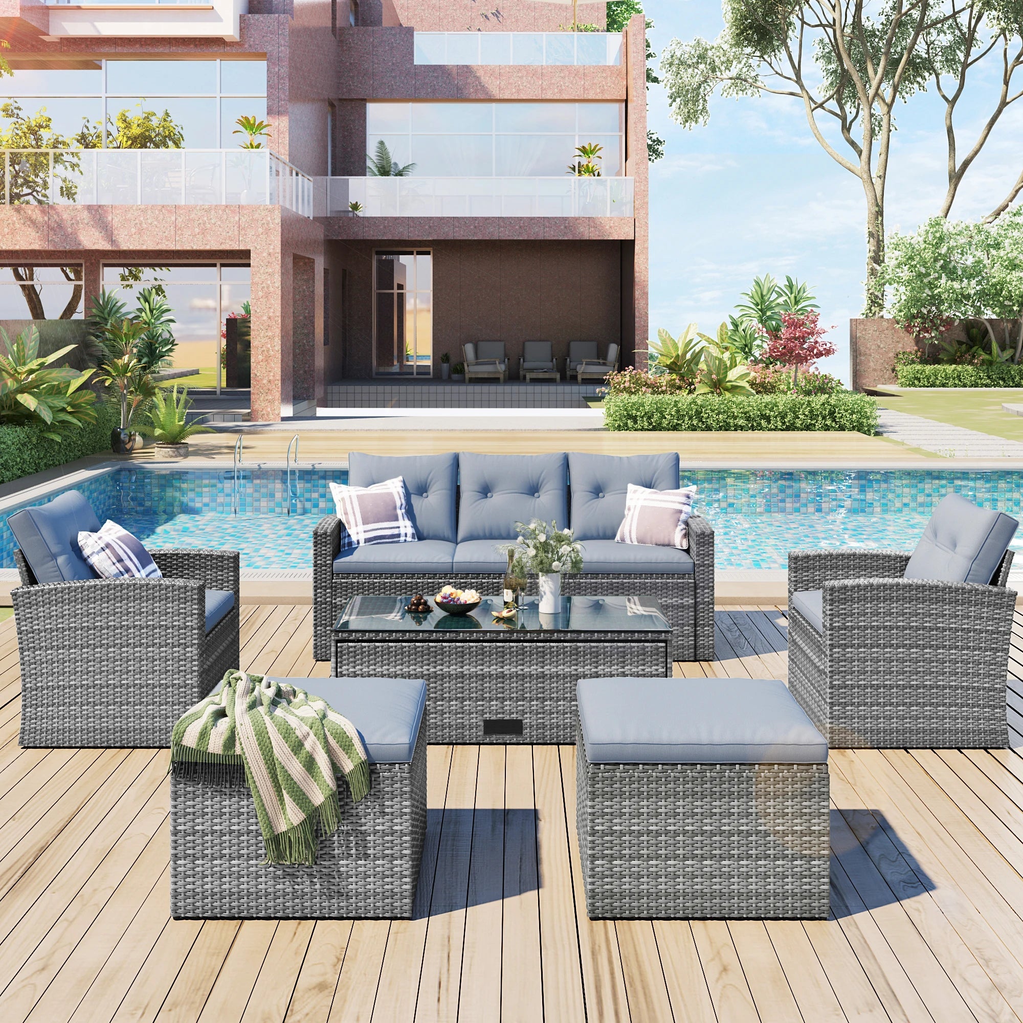 6Pcs All-Weather Wicker PE Rattan Patio Sectional Set with Coffee Table X4153