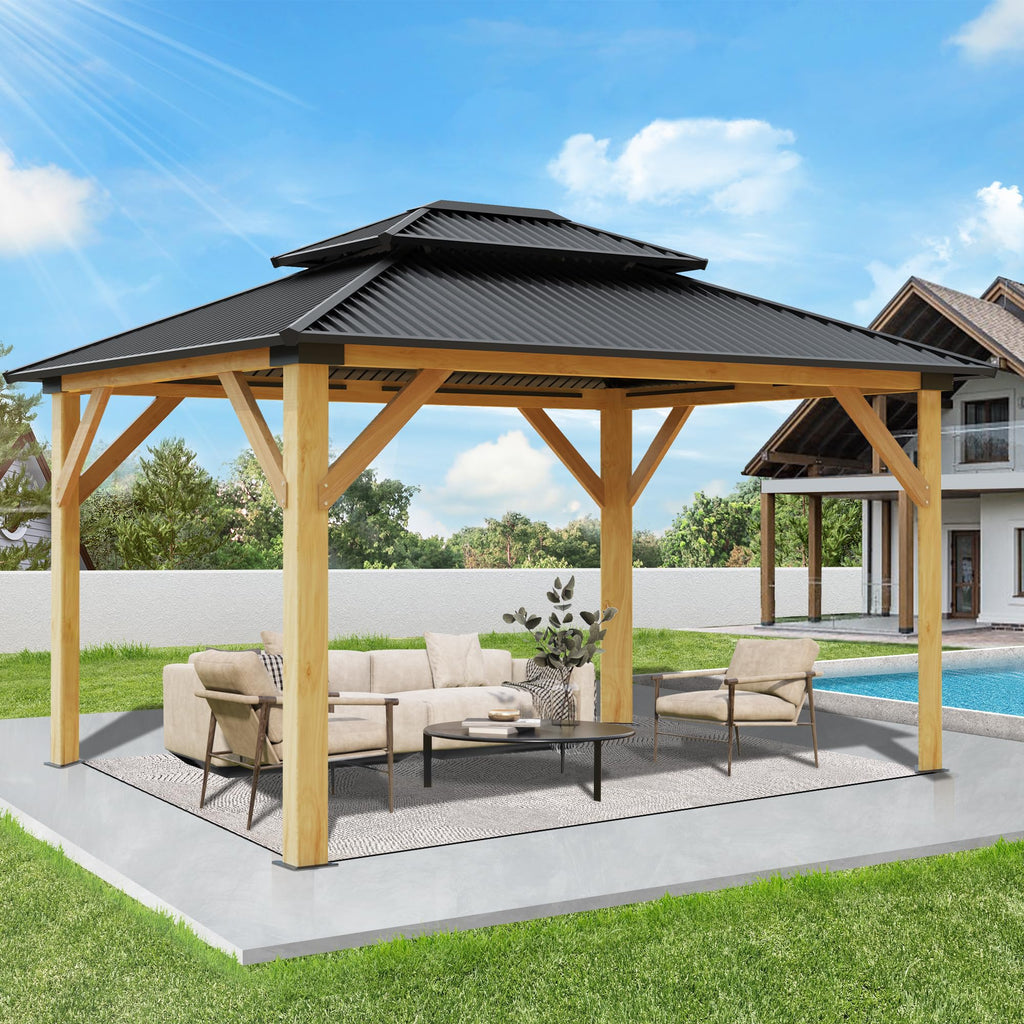 11’x13’ Outdoor Wooden Gazebo with Double Vented Roof U735