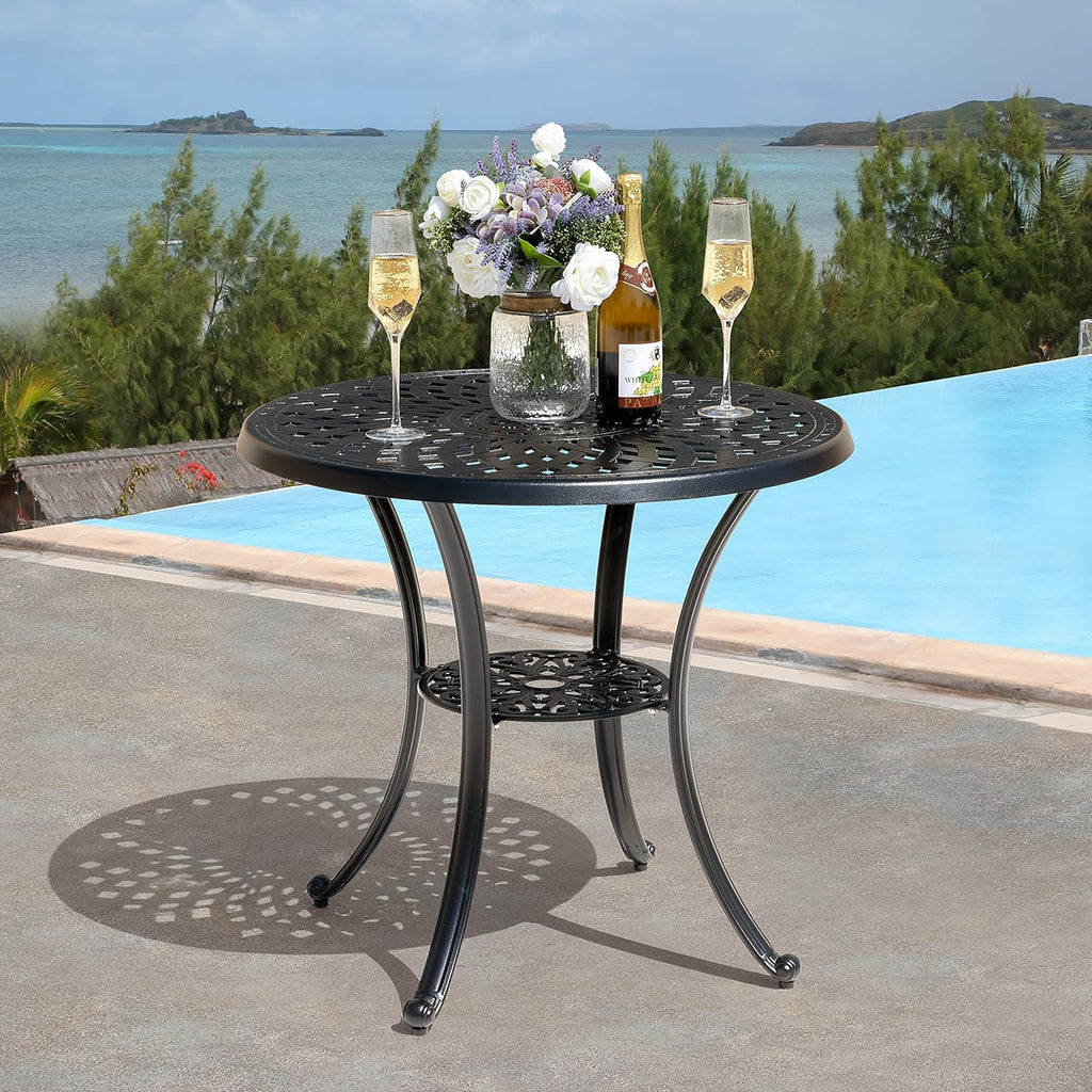 Black 42 Inch Round Cast Aluminum Patio Dining Table with Umbrella Hole L857
