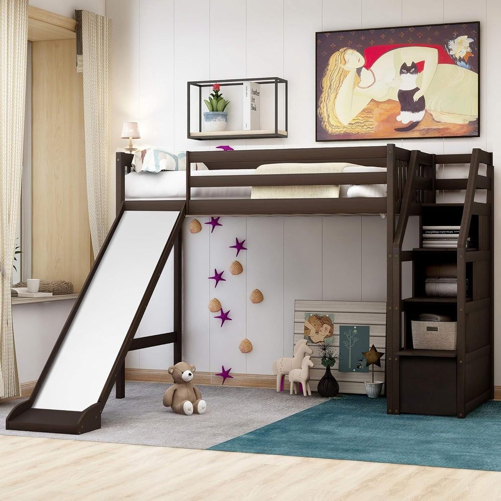 Espresso Wood Twin Loft Bed with Slide and Storage C146465
