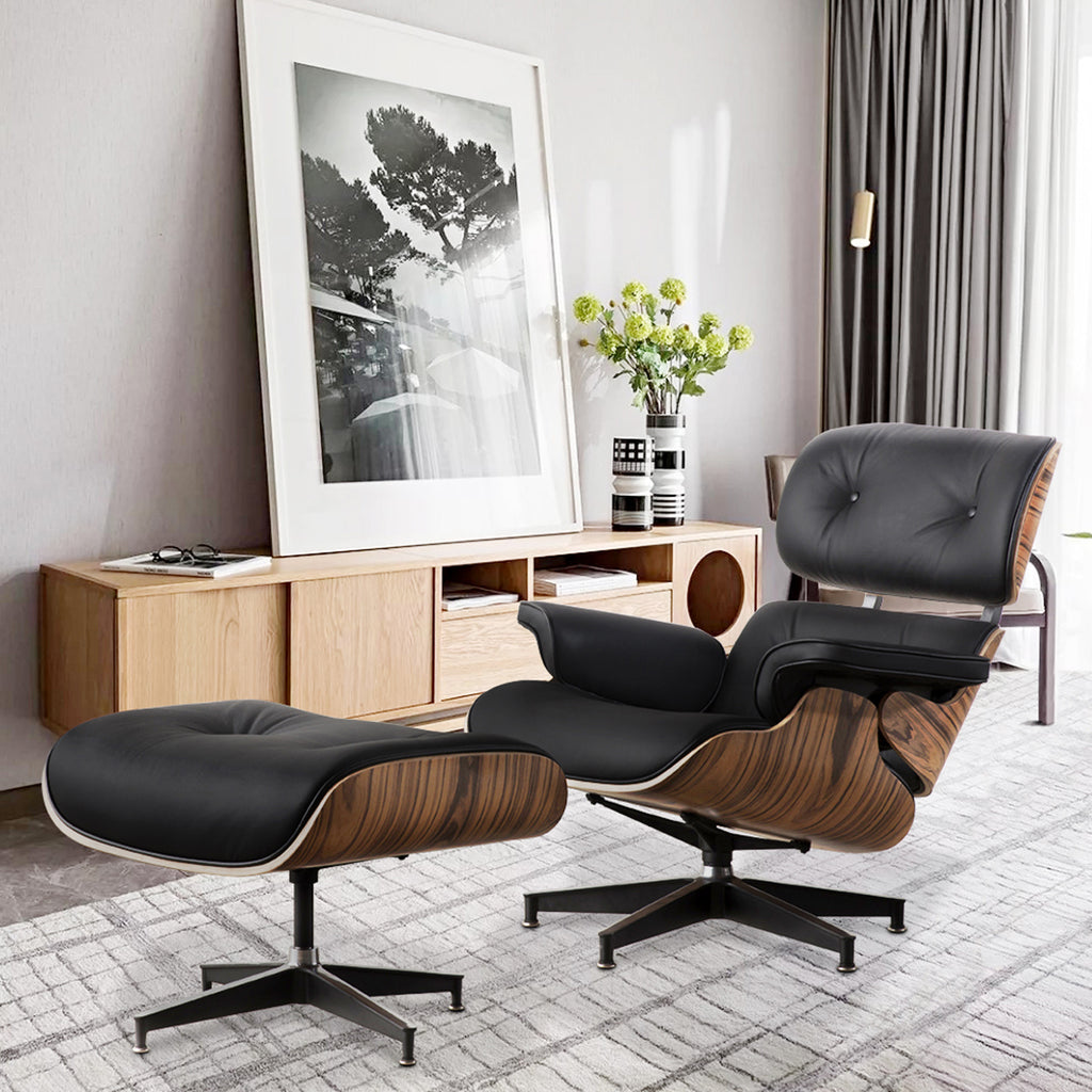 Black Tufted Leather Swivel Lounge Chair with Ottoman P505