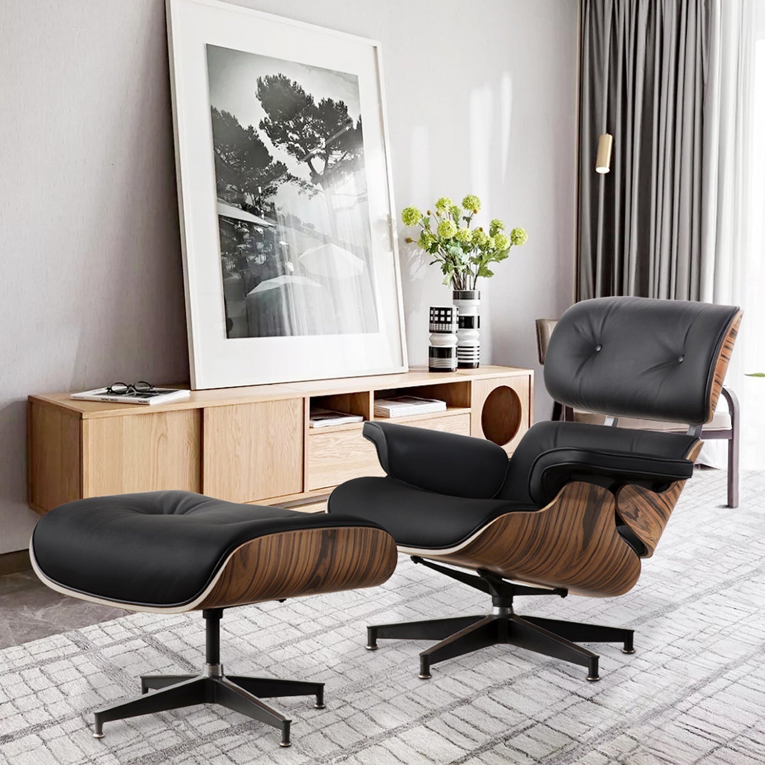 Black Tufted Leather Swivel Lounge Chair with Ottoman P505