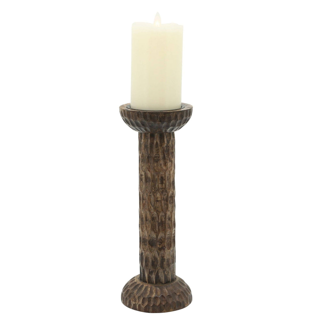 Brown Hammered Mango Wood Pillar Candle Holder P789