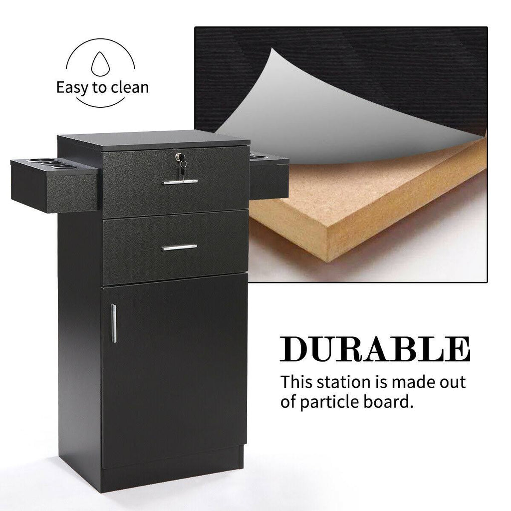 Black Locking Salon Storage Cabinet Stylist Station with Hair Dryer Holder Drawer O706