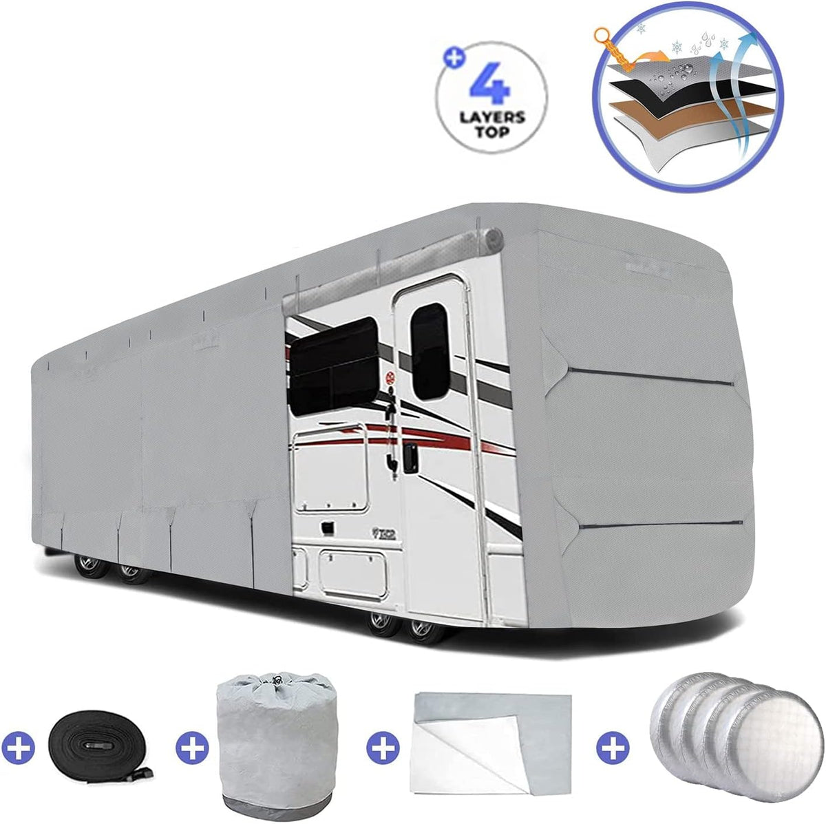 RV Cover, Extra-Thick 4 Layers Anti-UV Top Panel, Fits 33'- 37' Motorhome Y70279