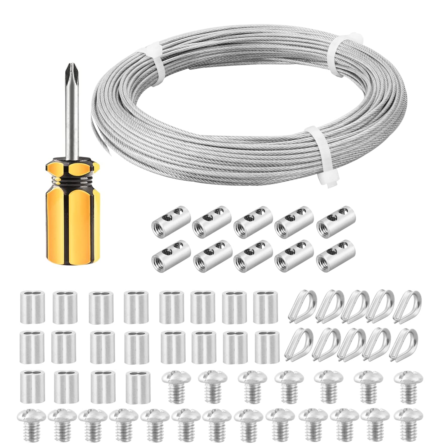 5/64 Coated Stainless Steel Wire Rope 328ft with Thimbles, Crimping Sleeves, Wire Rope Clips S97274