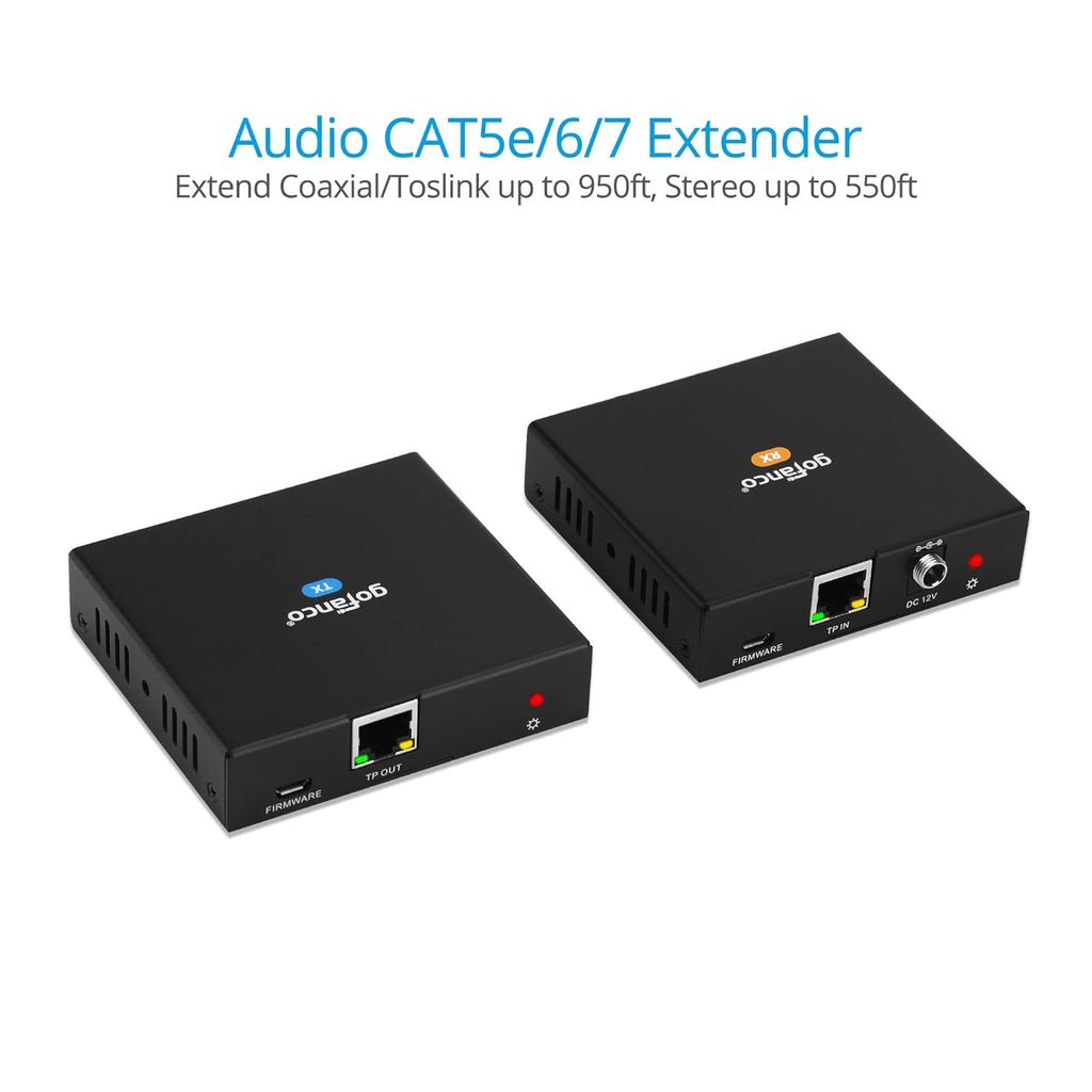 Coaxial/Toslink/RCA Stereo Audio Extender Over CAT5e/6 Ethernet Cable, 950ft (290m) Extension, Embedded DAC & ADC, PoC, Up to 7.1-Channel, Supports Dolby, DTS, PCM, Stereo Y6834