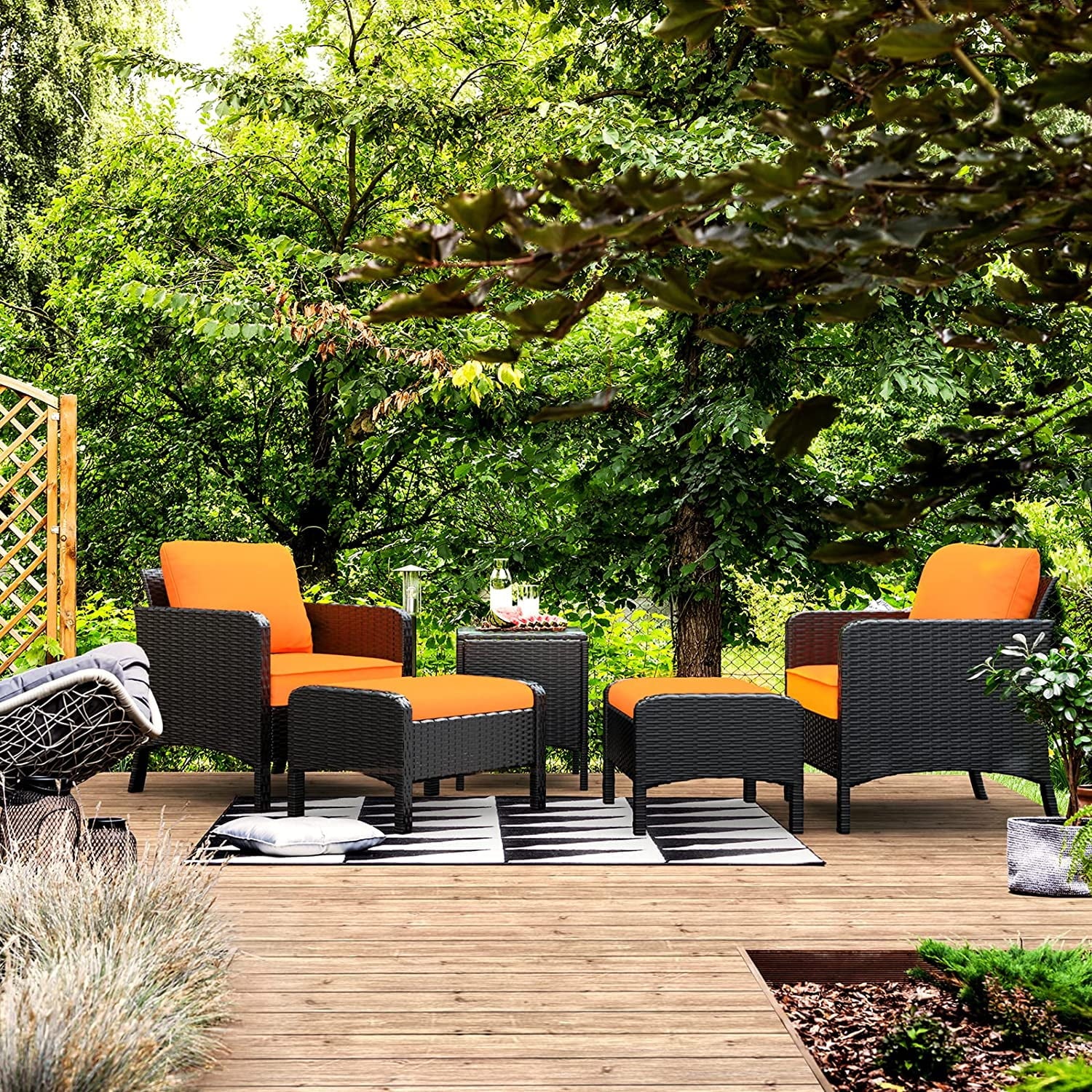 5 Pieces PE Rattan Wicker Outdoor Cushioned Lounge Chairs Set with Ottomans and Glass Table J831