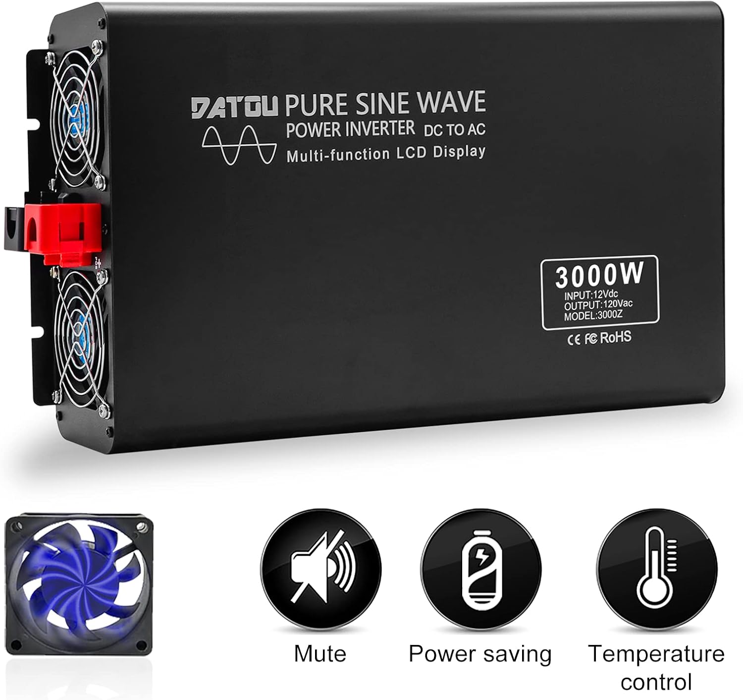 3000W Peak 6000W Pure Sine Wave Power Inverter DC 12V to AC 120V with 2 AC Outlets LCD Display O2096