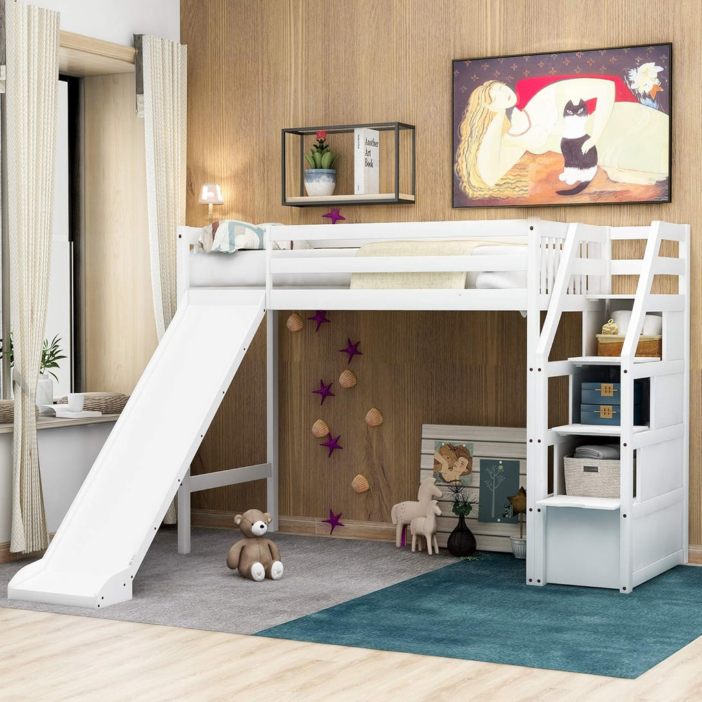 Espresso Wood Twin Loft Bed with Slide and Storage C146465