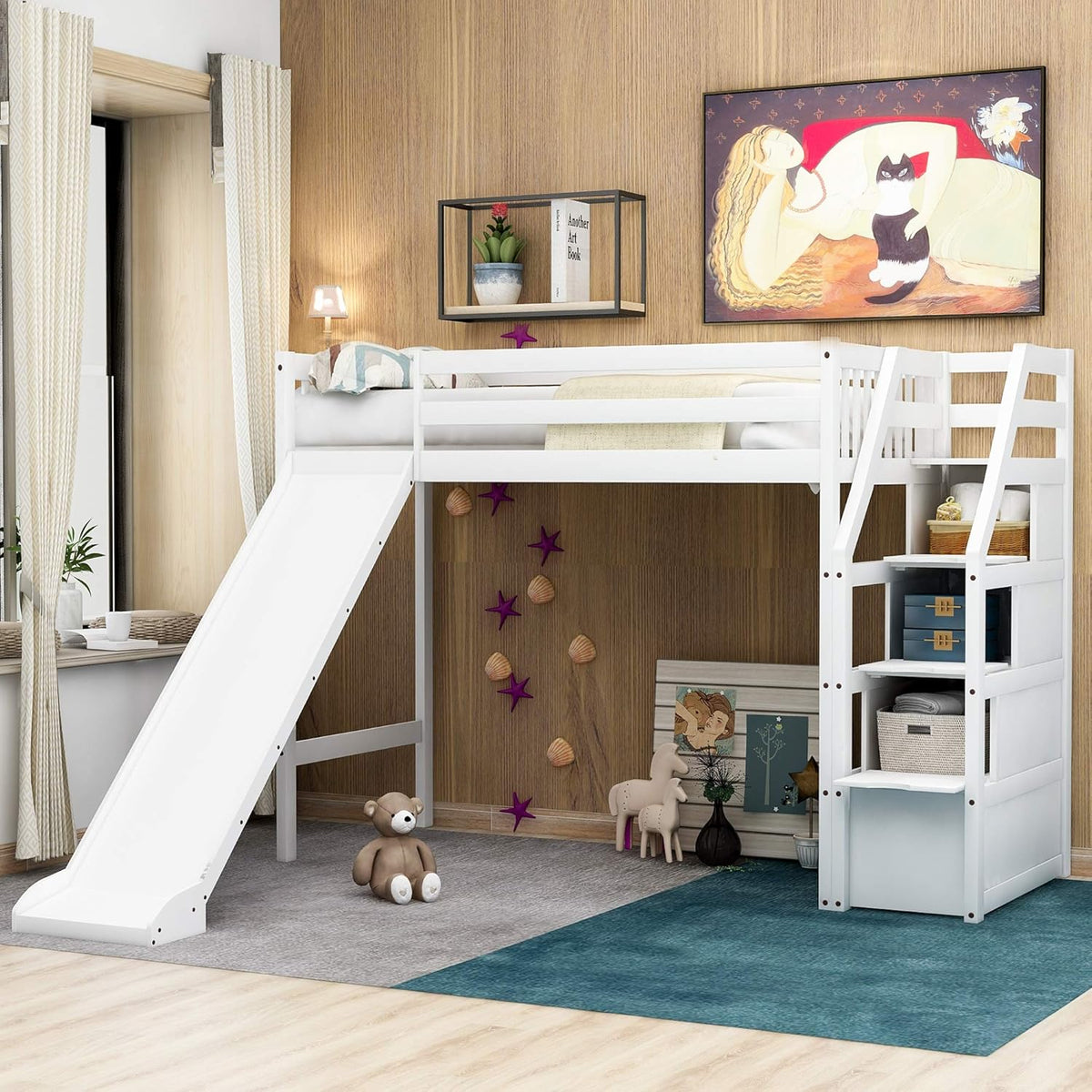 Espresso Wood Twin Loft Bed with Slide and Storage C146465