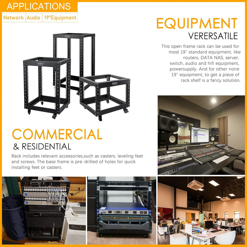 12U Open Frame Server Rack with Casters Black P747869