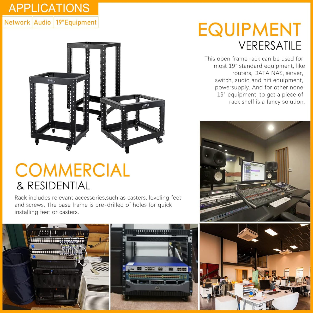 12U Open Frame Server Rack with Casters Black P747869