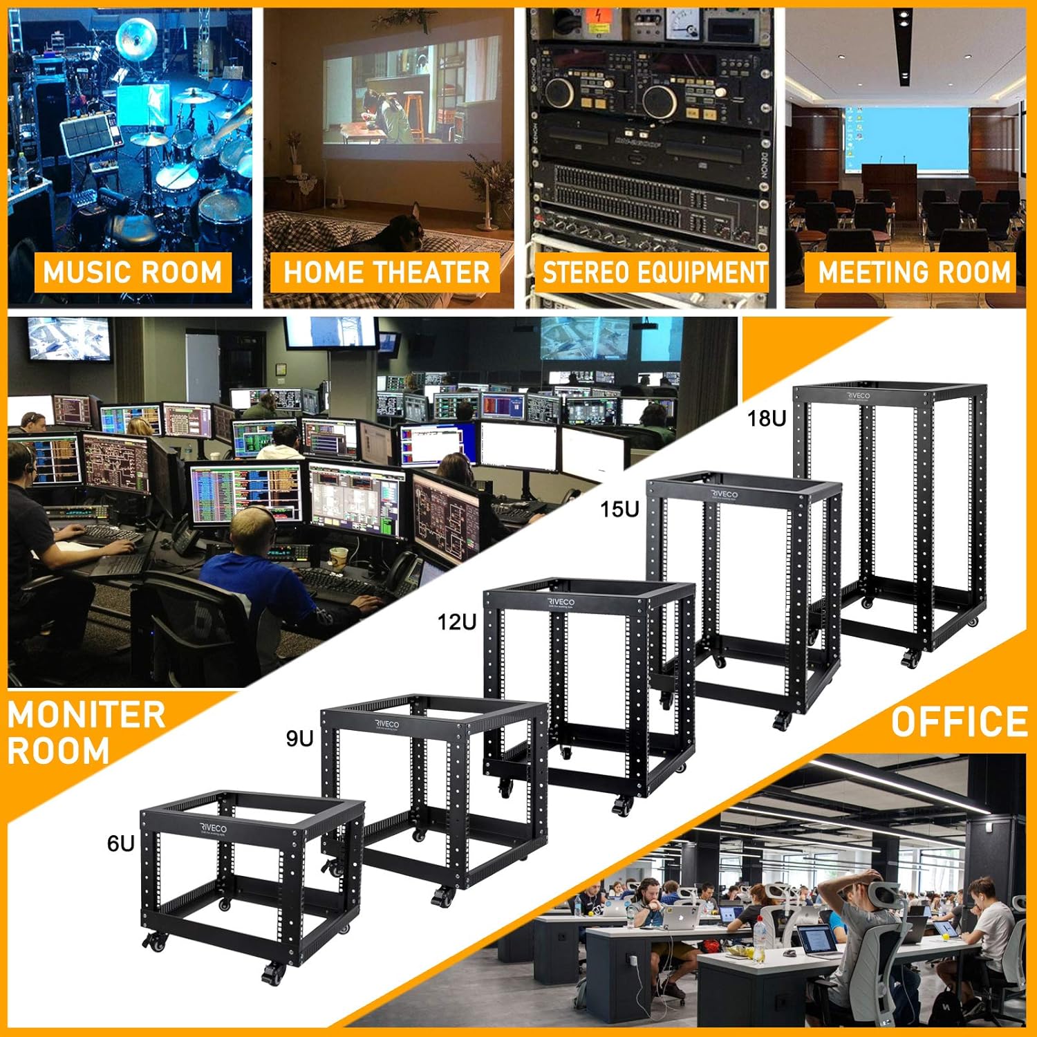 12U Open Frame Server Rack with Casters Black P747869