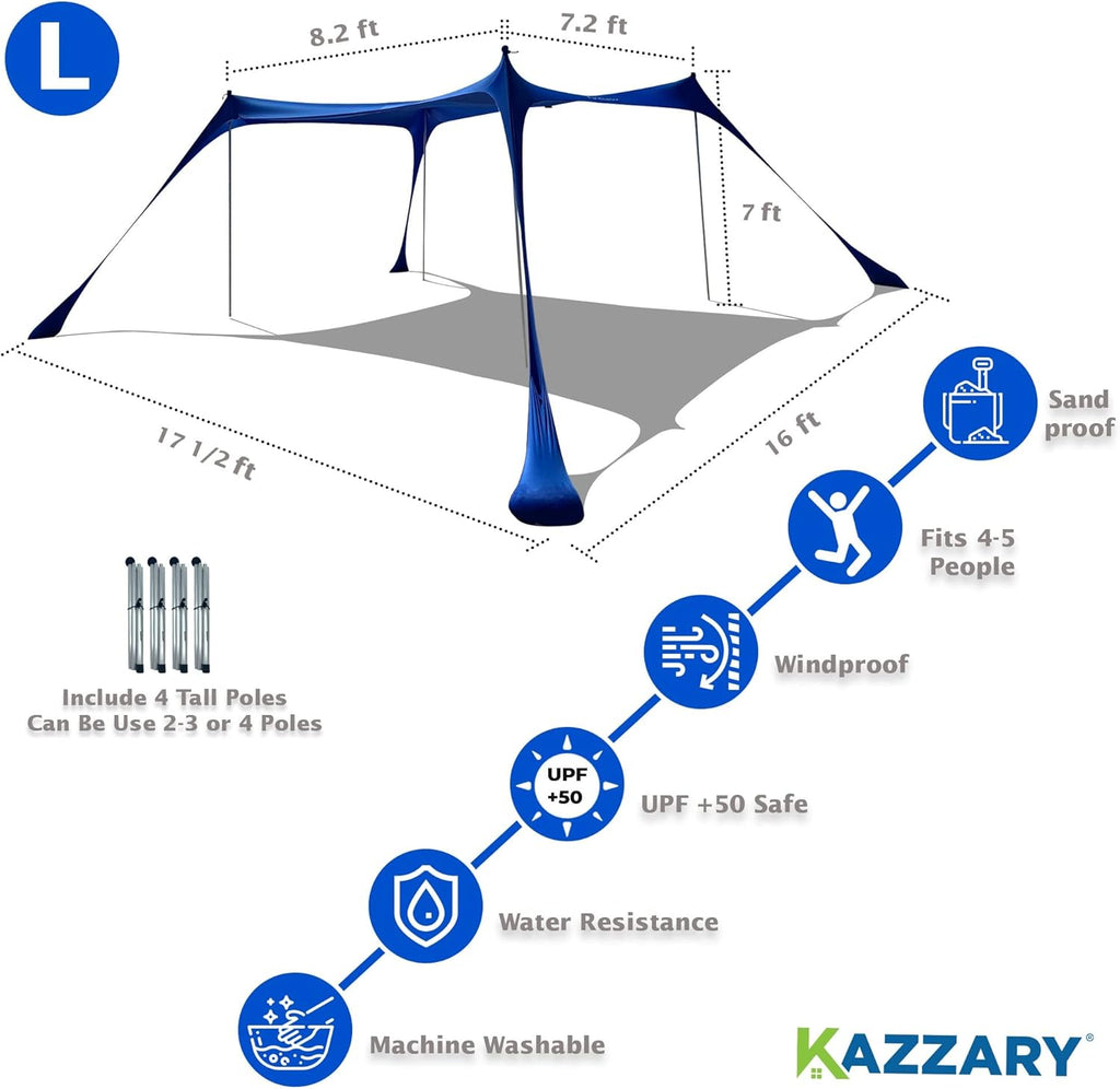 Beach Tent Pop Up Canopy Sun Shelter UPF50+ Lightweight Outdoor Shade with Ground Pegs and Stability Poles Portable Set (7.2 X 8.2 FT 4 Pole, Bright Blue) O813