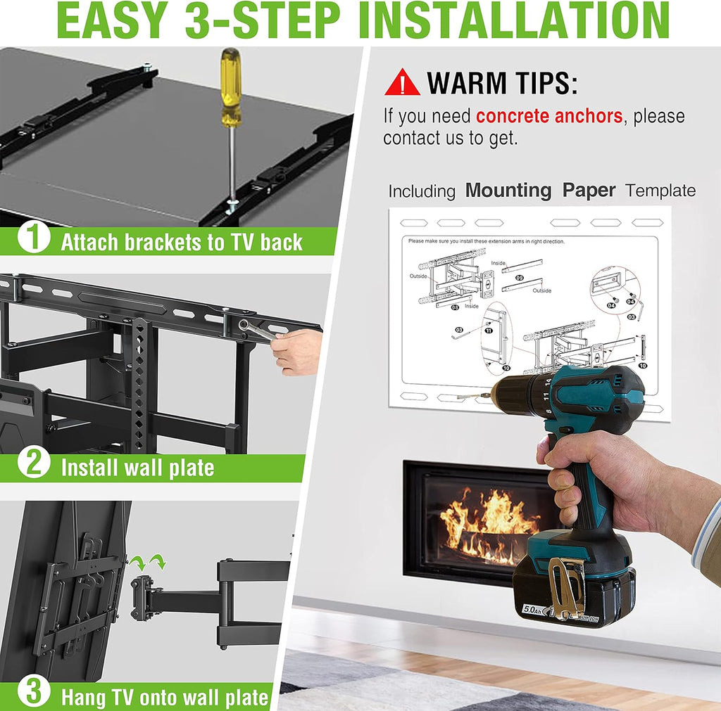 Full Motion TV Wall Mount Bracket with Dual Articulating Arms, Max VESA 600x400mm, Weight Capacity 110lbs, Pack of 2 Q182