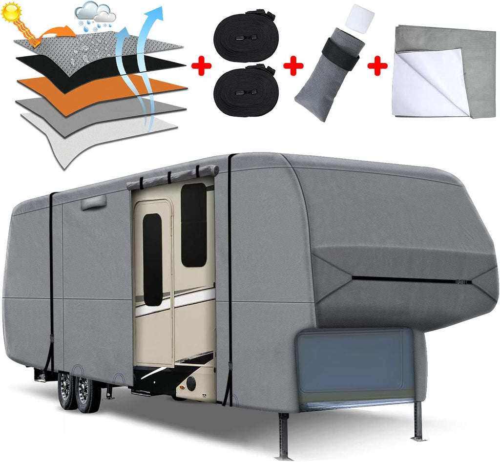 5th Wheel RV Cover with 4 Gutter Spout Covers and 2 Windproof Straps B1755